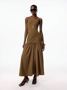 LYSMO Váy hai dây dài 2 trong 1 màu trơn đơn giản, viền bồng bềnh dành cho nữ mùa hè - Màu xanh Ô liu - Xem 6