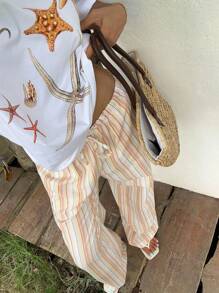 SHEIN EZwear Women's Cotton Linen Casual Striped Wide-Leg Pants For Vacation,Summer / Fall Outfits - Multicolor - View 5