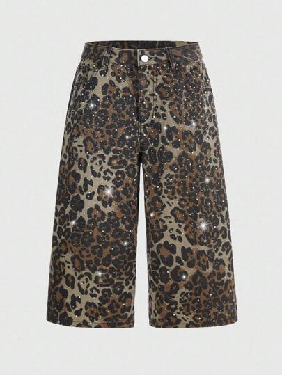 Grunge Punk Women's Y2K Vintage Streetwear Low Waist Leopard Print Rhinestone Embellished Loose Fit Jeans