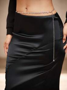 SHEIN Unity Women's Woven Asymmetrical Waist Cutout Fitted Elegant Black Skirt, Suitable For Summer & Autumn Fall Cloth For Women - Black - View 6