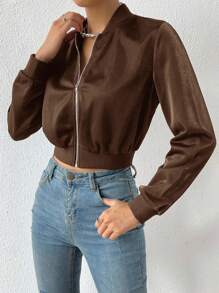 SHEIN EZwear Chaqueta bomber corta con cremallera de color sólido para primavera/invierno - Café integral - Ver 3