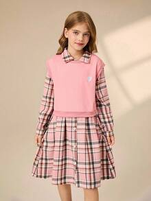 SHEIN Tween Girls Elegant College Style Back To School Plaid Shirt Dress With Long Sleeves+Heart Decor Knitted Vest Sweatshirt 2-Piece Set, Autumn/Winter Fall