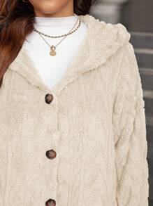 SHEIN LUNE 纹理毛绒温暖舒适纽扣装饰连帽大码夹克冬装女连帽开衫泰迪熊夹克女毛绒开衫长款开衫女大码女式开衫毛衣女式泰迪夹克泰迪大衣连帽泰迪夹克纽扣泰迪夹克长款泰迪大衣，女士秋季服装 - 杏色 - 查看 5