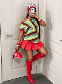 BamGleam Knitted Sweater  New Style Women Knit Top, Casual Sleeveless Knitted Vest, Rainbow Dopamine Design - Multicolor - View 1