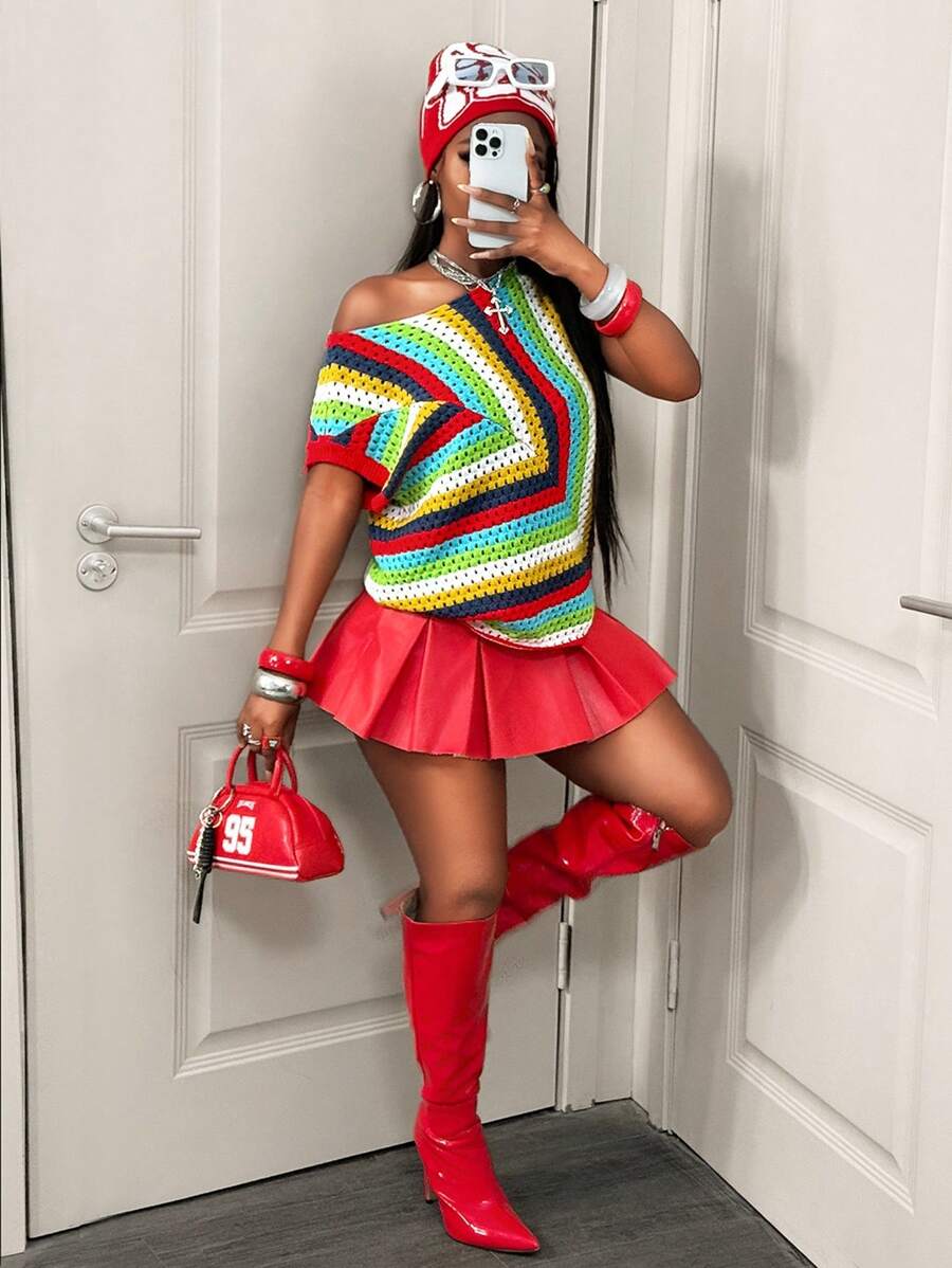 BamGleam Knitted Sweater New Style Women Knit Top, Casual Sleeveless Knitted Vest, Rainbow Dopamine Design - Multicolor - View 1