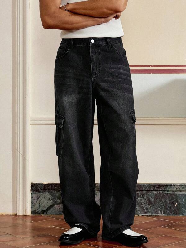 SWAVVY 男士纯色口袋装饰休闲百搭直筒牛仔裤