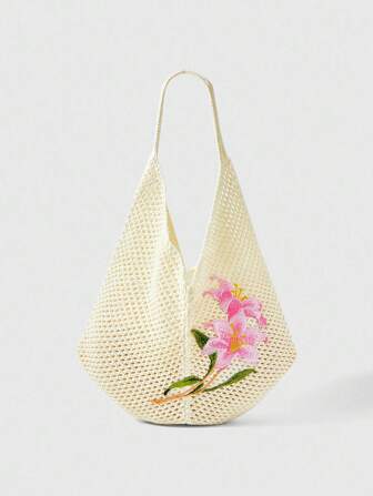 Fairycore 1 pieza Bolsa de playa de tela con bordado de flor de Lily, bolso de hombro de estilo de playa personalizado de moda de lona para mujeres