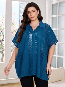 Lacomfia Embroidered Hollow Out Fashionable Loose Comfortable Turndown Collar Batwing Sleeve Versatile Blue Plus Size Shirt - Blue - View 3