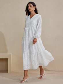 Mulvari 法式优雅纯色刺绣度假连衣裙 - 白色 - 查看 4