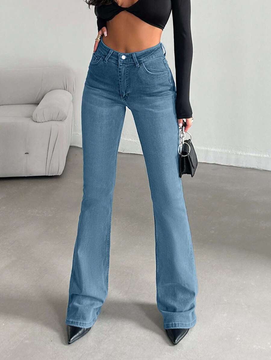 SHEIN Cottnline Casual Versatile Simple Button Front Women Denim Jeans, Daily Wear - Teal Blue - View 1