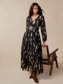 Florisole Women's Elegant Flowy Gold Foil Brush Lantern Sleeve Dress Black And Gold Maxi Dress Long Black Dress With Gold Print Fall Cloth For Women