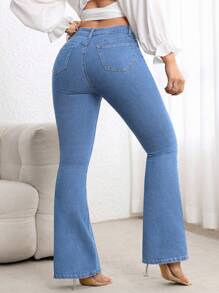 Flexra 加大码高腰修身喇叭腿水洗深蓝色牛仔裤 - 淺色水洗藍 - 查看 2