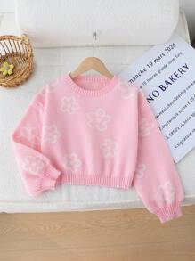 SHEIN Áo len dệt kim Jacquard họa tiết thời trang cho bé gái tuổi teen, áo dài tay cơ bản - Hồng - Xem 1