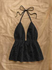 Soleia 女士度假白色纹理露背系带吊带背心，适合派对、约会、下午茶、海滩、夏季 - 黑色 - 查看 2