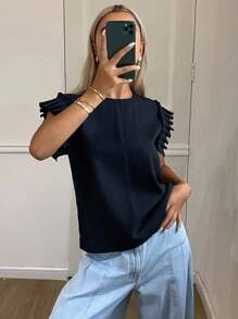 Livesso Nouvelle blouse décontractée à col rond sans manches pour femmes, idéale pour la rentrée scolaire, pour enseignante - Bleu marine - Voir 3