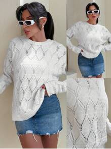 Women Hollow Out Detailed Round Neck Sweater Pullover Summer Vacay Mood Holiday White Party Crochet Going Out Outfit