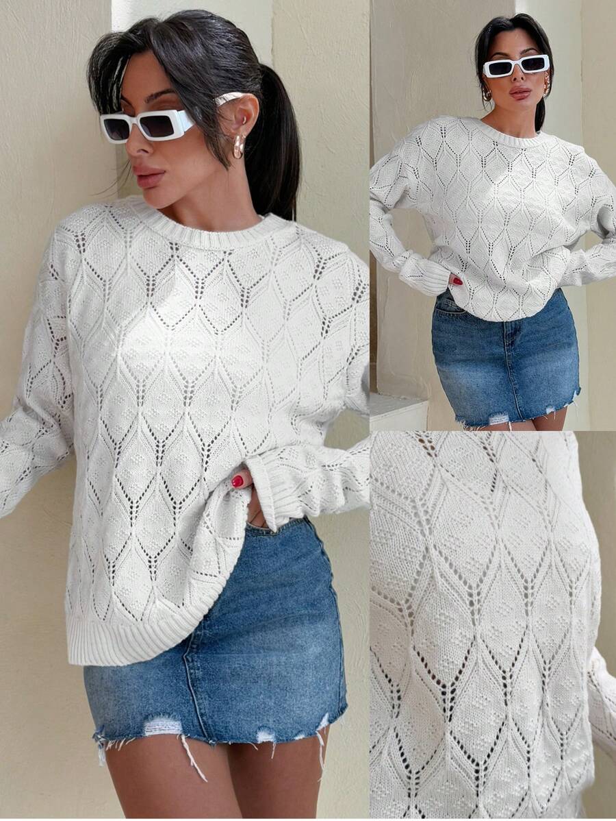 Women Hollow Out Detailed Round Neck Sweater Pullover Summer Vacay Mood Holiday White Party Crochet Going Out Outfit