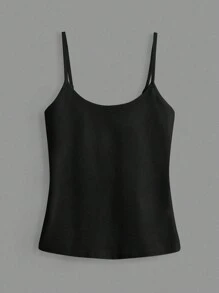 SHEIN BASICS 女款純色細肩帶背心上衣 簡約時尚日常休閒上衣 黑色 - 黑色 - 查看 8