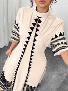 Elenzga Plus Size Print Tie Up 2 In 1 Dress Habesha Kemis - Apricot - View 3