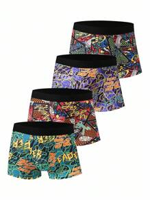 4pcs Pack Graffiti Floral Pattern Men's Boxer Briefs - Multicolor - View 1