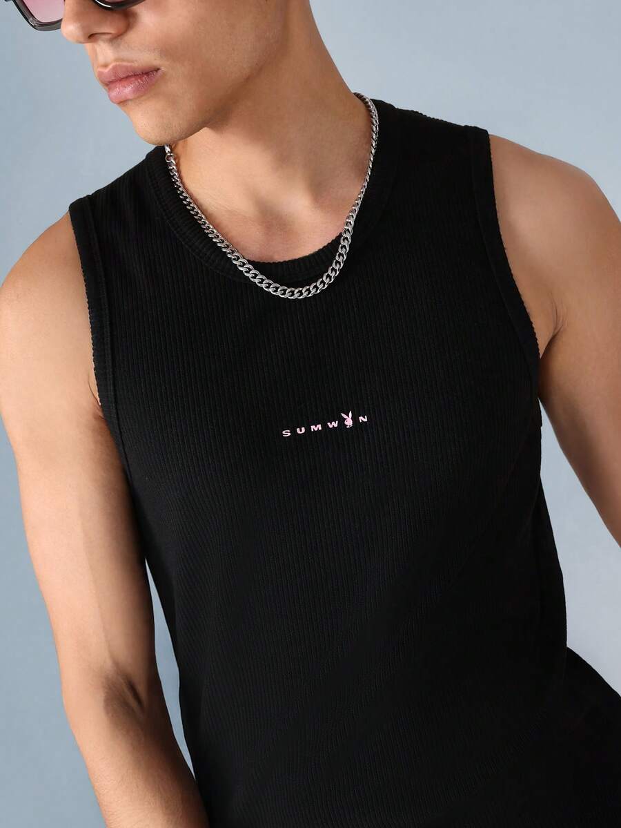 PLAYBOY X SUMWON Áo tank top gân sọc, áo lót không tay cơ bản, áo tập thể dục, áo tank top cơ bắp với logo thương hiệu, phong cách đường phố thường ngày mùa hè, dáng ôm sát. - màu đen - Xem 1