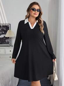 SHEIN CURVE+ Curves 大码/学校服装/返校服装/返校休闲百搭撞色领大码连衣裙大码长袖连衣裙大码工作服 8xl 女装大码黑色连衣裙女式大码连衣裙秋季女士服装、冬季、CURVE PLUS - 黑色 - 查看 5