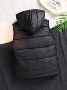 SHEIN Tween Boy 休闲街头超大连帽背心夹克，适合通勤、上学、日常休闲装、运动、秋冬季、棉服、冬季大衣、棉服、羽绒服 - 黑色 - 查看 3