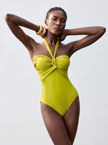 Maija 1 bộ đồ bơi liền thân cổ yếm đơn giản và thời trang dành cho nữ mặc hàng ngày, trang phục lễ hội ngày 4 tháng 7, lễ thánh John, trang phục tốt nghiệp, đồ bơi kiểm soát bụng, trang phục đi nghỉ ở bãi biển - Màu Mù tạt vàng - Xem 4