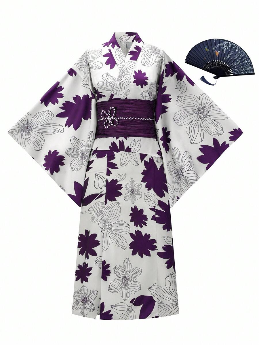 Irokai Japanese Women's Printed Traditional Separated Kimono Yukata For Summer Festival - Purple - View 1
