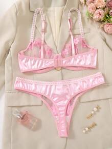 SHEIN Set de 2 piezas de lencería romántica para el Día de San Valentín con contraste de color rosa y bordado floral lindo para mujer - Rosa - Ver 2