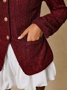 Poéselle 女士酒红色圆领长袖亮面单排扣优雅粗花呢大衣，秋冬款 - 紅色 - 查看 4