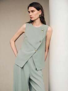 Uhlyne Women's Elegant Gold Button Blazer Vest Set,Olive Green,Little Strech,Easy Care,Waistcoat,Autumn,Minimalist,Work Wear,Teacher Outfits,Back To School,Fall ,Neutral Clothes,Business Casual,Old Money Style Sage Green Top Asymmetrical Top Light Green Top Sage Green Sleeveless Top Mint Green Top - Mint Green - View 1