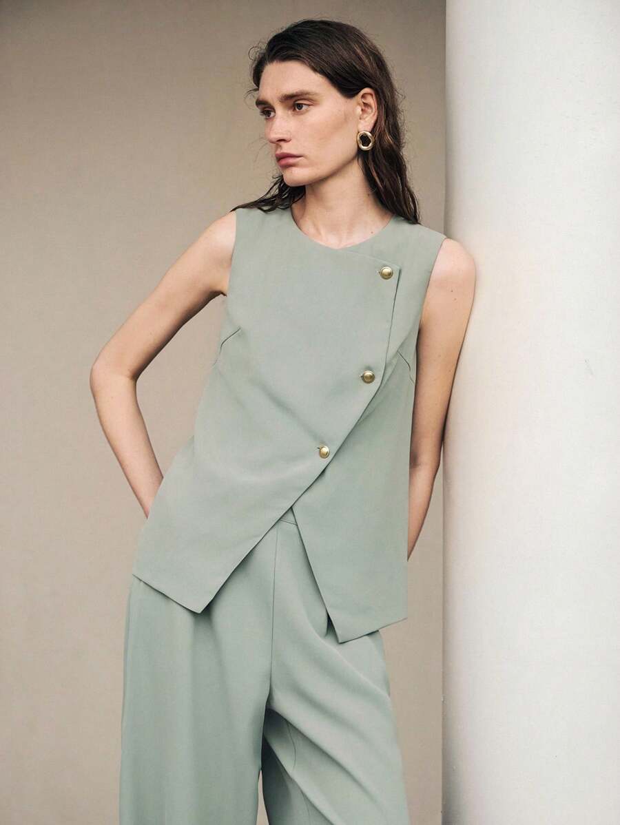 Uhlyne Women's Elegant Gold Button Blazer Vest Set,Olive Green,Little Strech,Easy Care,Waistcoat,Autumn,Minimalist,Work Wear,Teacher Outfits,Back To School,Fall ,Neutral Clothes,Business Casual,Old Money Style Sage Green Top Asymmetrical Top Light Green Top Sage Green Sleeveless Top Mint Green Top - Mint Green - View 1