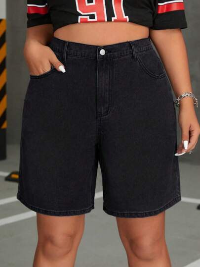 SHEIN CURVE+ 大码女式黑色休闲宽松牛仔短裤，夏季女牛仔牛仔短裤
