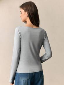 BizChic 2025夏季新款雾蓝色垂褶领长袖女式T恤，商务休闲日常通勤优雅海滩度假之选，适合婚礼宾客、乡村音乐节、早餐、机场等场合，90年代复古斯德哥尔摩风格，独立日 - 淺灰色 - 查看 3