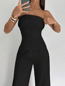 Siren Gaze Bộ đồ đi làm 2 món áo hở vai và quần dài cho nữ, trang phục hở vai, phong cách Coldice, bộ đồ công sở thường ngày mùa hè cho nữ - màu đen - Xem 3