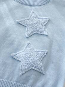 SHEIN Girls White Solid Fashionable Casual Minimalist Cute Star Embroidery Cardigan Sweater & Shorts 2-Piece Set, Comfortable, Suitable For Home, Outings, And School, Autumn/Winter Star Sweater For Girls Girls Winter Sweater Fall - Blue - View 8