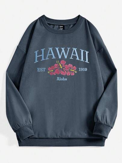 SHEIN LUNE Plus Size Women's Casual Hawaiian Aloha Embroidered Graphic Sweatshirt , Graduation, Teachers For Women, Back To School Pullover Fall Winter Autumn