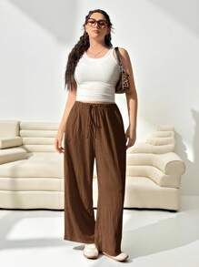 Solflare 女式加大码宽松编织咖啡棕色裤子 - 咖啡棕 - 查看 3