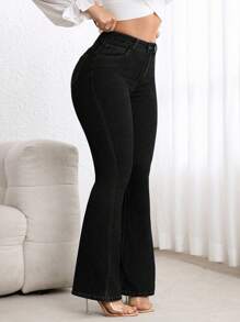 Flexra Plus Size High Waist Fitted Flare Leg Washed Dark Blue Jeans