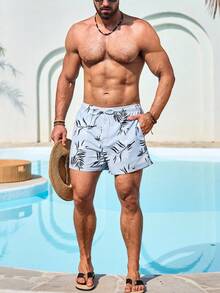 Manfinity Swimmode Men's Vacation Casual Plant Print Beach Shorts Pool Clothes Men Men Swim Trunks Light Blue Swim Trunks - Grey - View 6