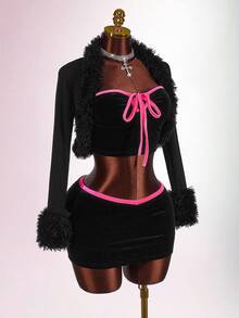 Amplova Solid Fuzzy Trim Open Front Crop Fall Clothes Women Jacket - Black - View 6