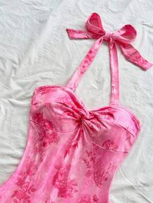 Soleia 女式复古紫红色花卉素描印花褶饰挂脖系带蝴蝶结层叠荷叶边下摆迷你连衣裙，适合度假、约会、下午茶、海滩、游轮、城市度假、音乐节、波西米亚风度假 - 粉色 - 查看 3