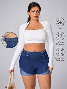 Flexra سروال جينز قصير متسع للخصر مرن للنساء من المقاسات الكبيرة - الأزرق - مشاهدة 2