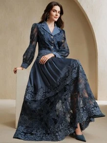 Anewsta 2 件套女士套装：海军蓝花卉印花透视长袖 V 领衬衫和喇叭裙，春夏 - 寶藍色 - 查看 3