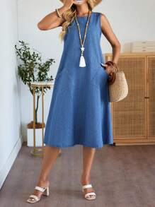 EMERY ROSE 新款女式牛仔连衣裙宽松A字裤装蓝色牛仔连衣裙秋季服装休闲外出服乡村演唱会服装 - 中等水洗藍 - 查看 2