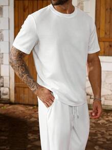 Manfinity Homme Áo thun tay ngắn cổ tròn màu trơn cỡ lớn cho nam và quần short cạp rút dây, bộ đồ thường ngày, mùa hè - trắng - Xem 5