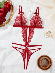 SHEIN 蕾丝女士性感紧身内衣，1 件，适合外出 - 酒紅色 - 查看 6