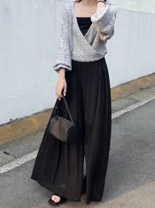 FRIFUL 女士纯黑色褶皱休闲直筒裤，百搭商务休闲装 - 黑色 - 查看 8