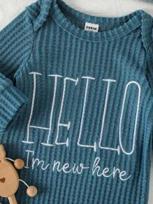 SHEIN 3pcs/Set Baby Boy/Girl Cute Simple Slogan Embroidered Long Sleeve Jumpsuits With Hats,Teal Autumn Matching Family Newborn Suits For 1 Month-2 Years - Multicolor - View 7